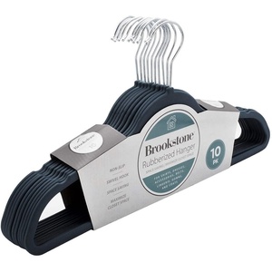 image:imageBROOKSTONE 10 Pack NonSlip High Grade Rubber Coated Plastic Hangers Ultra Slim Lightweight Design HeavyDuty Wont Stain Fabric Swivel 360 Hook10 Pack Black Rubber Coated Hangers