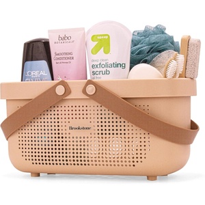 image:imageBrookstone Modern Large Portable Shower Caddy with Soft Silicone Carrying Handle Bathroom Organizer Basket Plastic Bath Tote and Shower Organizer Quick Dry Drainage Holes BPA Free WhiteBlush  Beige