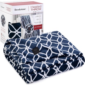image:imageBrookstone Electric Heated Plush Throw Blanket Ivory WindowpaneBlue Trellis