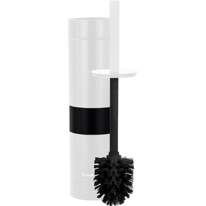 image:imageBROOKSTONE Toilet Brush and Holder Set for Bathroom with Splash Guard for Deep Cleaning Compact and Space Saving Stylish Toilet Bowl Cleaners ChromeWhite With Stripe